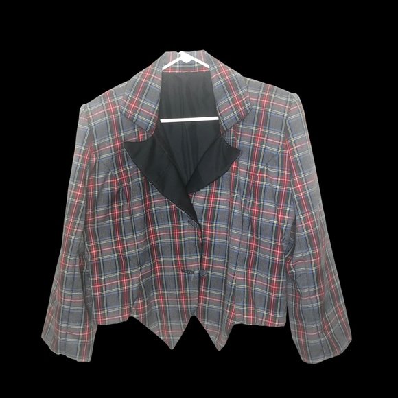 Vintage Plaid Blazer with Black Satin Lapel – Retro Checkered Jacket - Picture 2 of 8